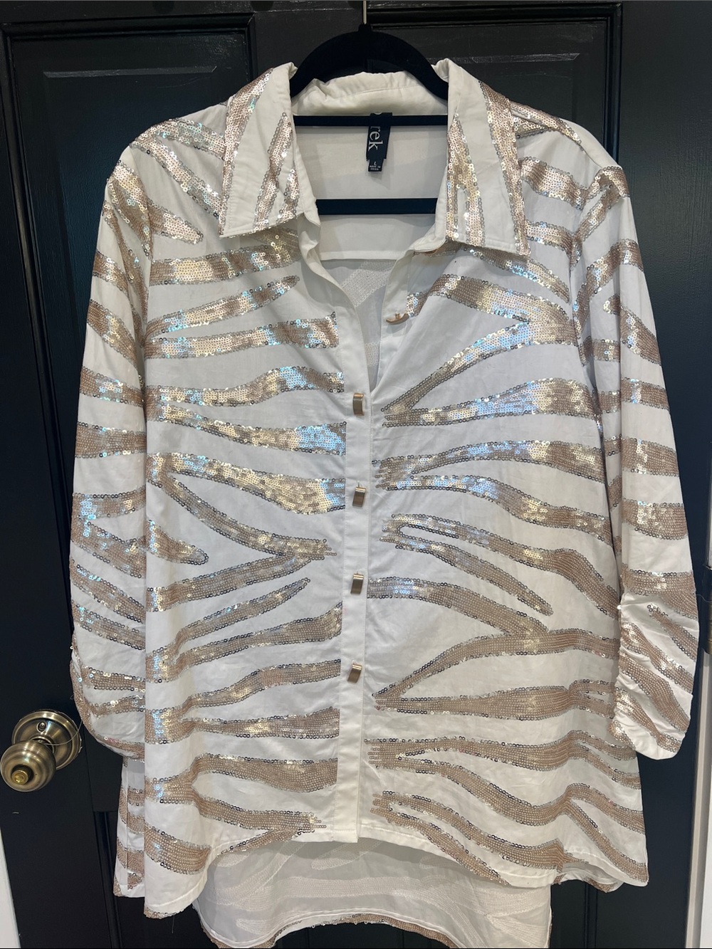 berek White Button-Down Shirt with Gold Sequin Zebra Stripes